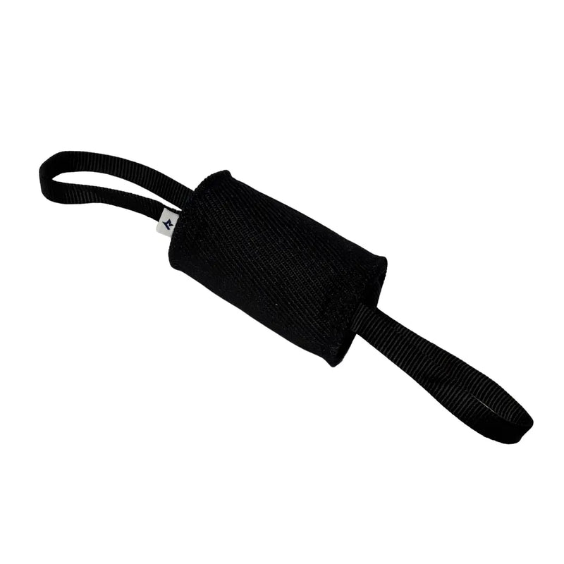 Black Medium Bite Roll tug with two nylon webbing handles, RNRK9