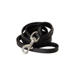 A black leather dog leash with a silver-tone metal snap hook clasp, coiled on a plain white background.